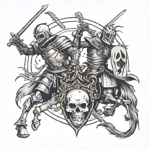 The battle of two knights, a knight of good and a knight of evil. Skulls lie around the battlefield and crows circle tattoo design idea