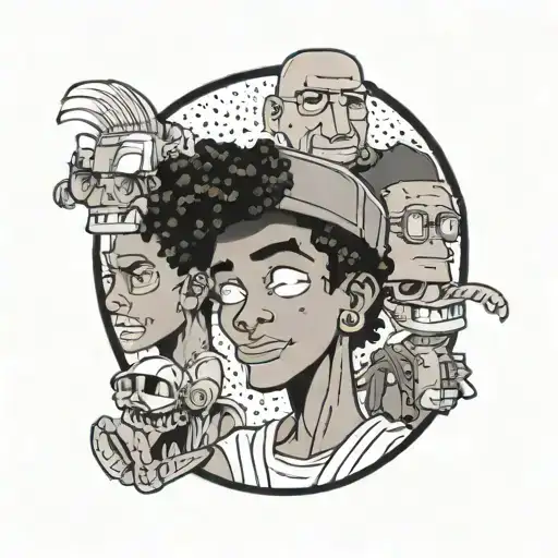 A tattoo design showcasing Riley from The Boondocks, Eddy from Ed, Edd n Eddy, and Bender from Futurama, all known for their scheming and hustling ways tattoo design idea