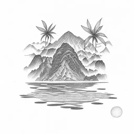 A dotwork design of Lake Atitlan surrounded by lush Mayan jungle tattoo design idea