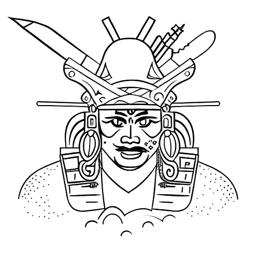 A detailed sketch of a Mayan warrior with a volcano erupting in the background tattoo design idea