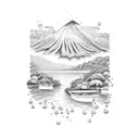 A dotwork design of Lake Atitlan surrounded by lush Mayan jungle tattoo design idea