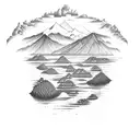 A dotwork design of Lake Atitlan surrounded by lush Mayan jungle tattoo design idea