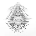 A dotwork design of Lake Atitlan surrounded by lush Mayan jungle tattoo design idea