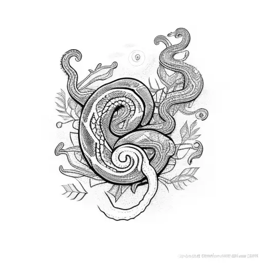 A unique dotwork design showcasing a snake coiling around a moonlit plant, symbolizing the harmony between nature and the night tattoo design idea