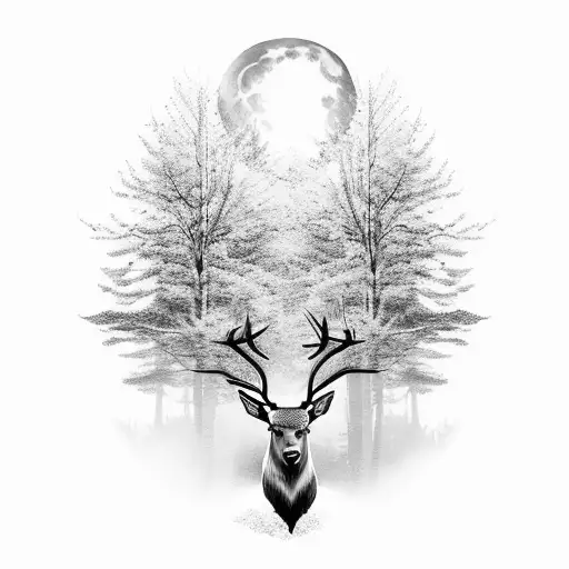 A mystical moonlit forest with a majestic stag standing amidst the trees tattoo design idea