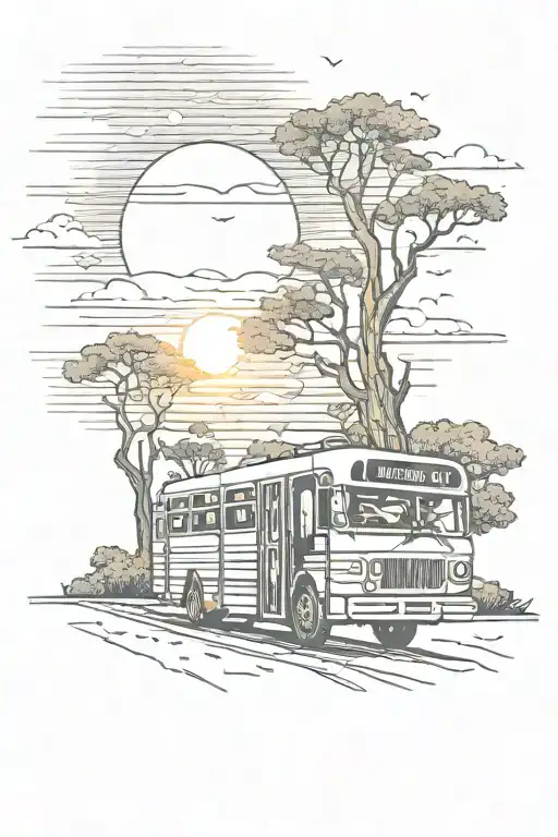 traveler bus and setting sun rising tattoo design idea