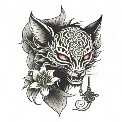 tattoo on the forearm with a lot of black with a fox mask, with a spider lily in red, with bells in a modern Japanese st tattoo design idea