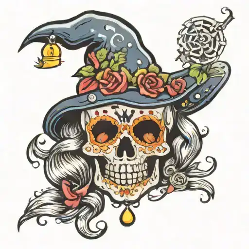 witch, candy skull adorned tattoo design idea