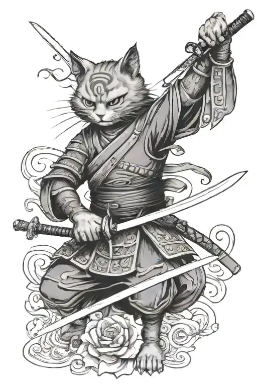 samurai cat with sword held with both hands, facing towards me under an angle tattoo design idea