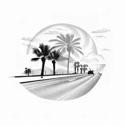 A palm tree-lined highway with a motorcycle speeding towards the sunset tattoo design idea