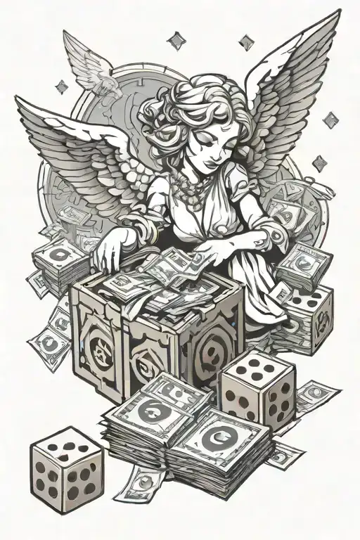 Money, Eat or starve, dice, Angel holding money, Eye tattoo design idea