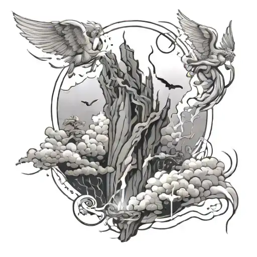 A celestial landscape with angels falling from the sky surrounded by lightning bolts tattoo design idea