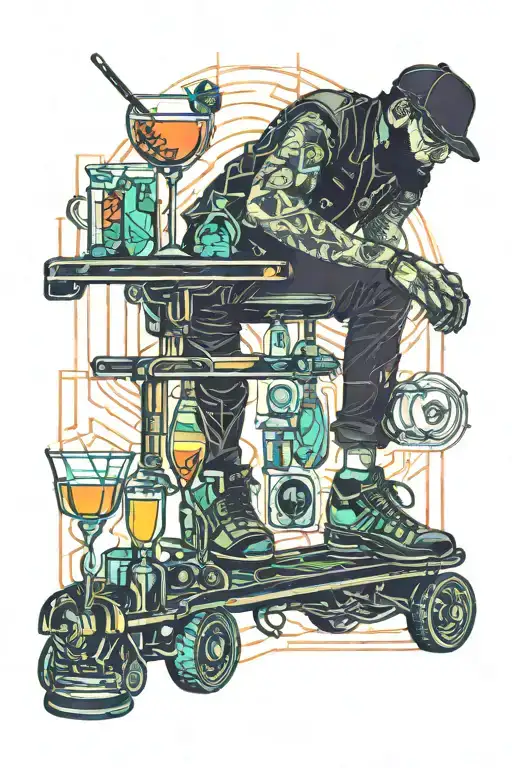 Bartender on roller skates serving cocktails to a glass with a glass holder in his hand tattoo design idea