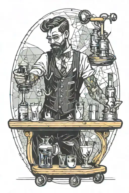 Bartender on roller skates serving cocktails to a glass with a glass holder in his hand tattoo design idea