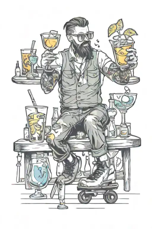 Bartender on roller skates serving cocktails to a glass with a glass holder in his hand tattoo design idea