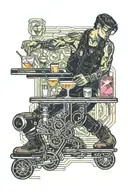 Bartender on roller skates serving cocktails to a glass with a glass holder in his hand tattoo design idea