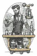 Bartender on roller skates serving cocktails to a glass with a glass holder in his hand tattoo design idea