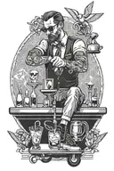 Bartender on roller skates serving cocktails to a glass with a glass holder in his hand tattoo design idea
