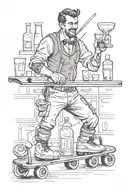 Bartender on roller skates serving cocktails to a glass with a glass holder in his hand tattoo design idea