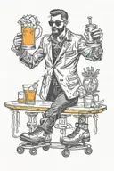 Bartender on roller skates serving cocktails to a glass with a glass holder in his hand tattoo design idea