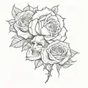 a rose which has a face with two masks on, an happy one and a sad one and thorns are falling out of it tattoo design idea