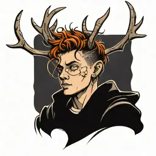 boy with weird hair and antlers tattoo design idea