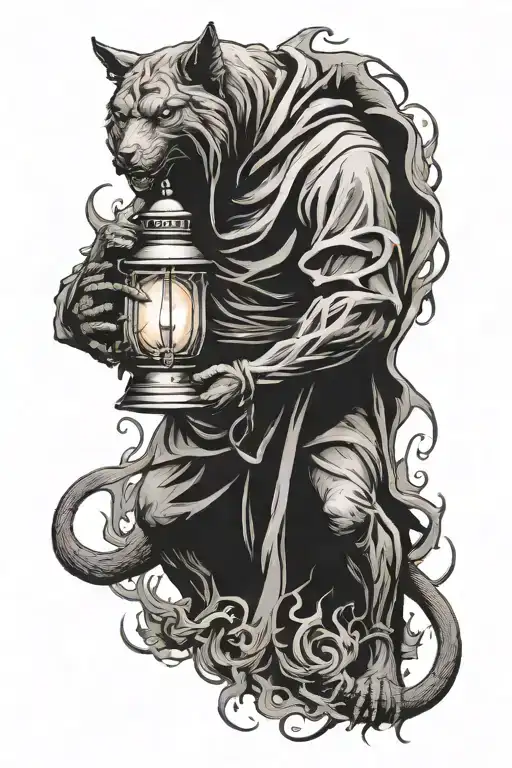 hooded figure holding lantern with cerberus towering behind tattoo design idea