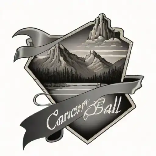 A pickleball court with Mount Rundle in the background and a cancer ribbon symbolizing strength and resilience tattoo design idea
