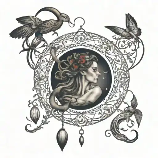 aerial hoop, dark feminity, snakes, moon, fiery birds, lilith, nyx, persephone tattoo design idea