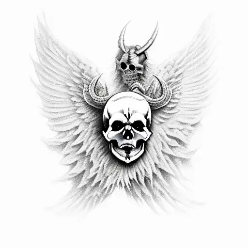 demon angel, skull face divided on both wings tattoo design idea