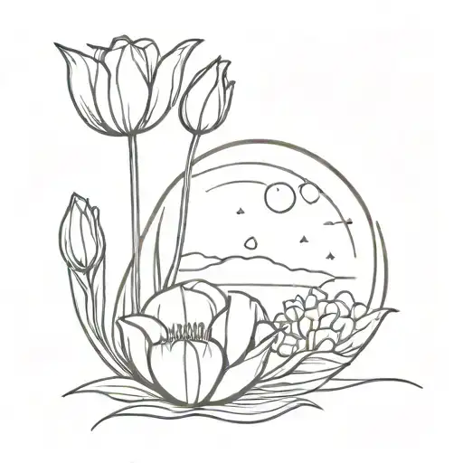 Moon and tulips and shell and sun tattoo design idea