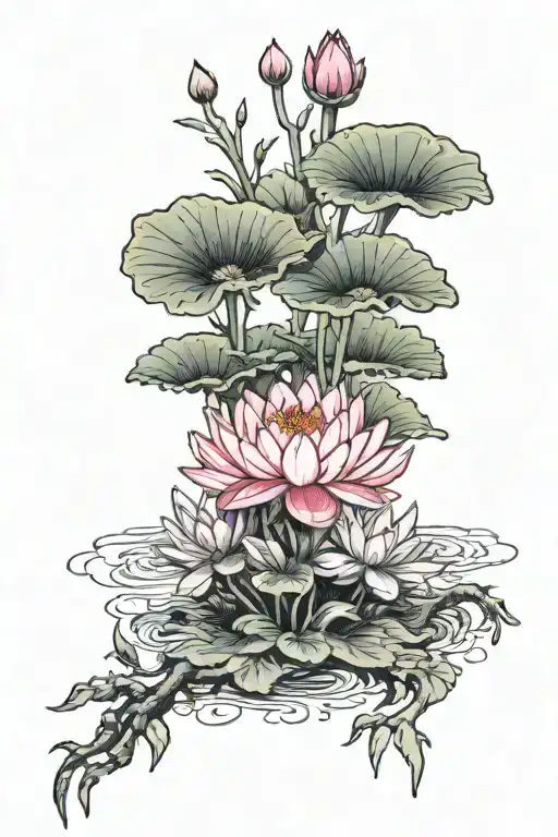 A tattoo of a pink water lily held tightly by 5 thorny roots. tattoo design idea