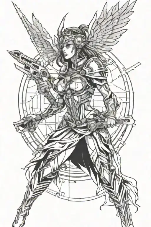 Combine elements of techno music and Norse mythology to create a futuristic Valkyrie warrior DJ tattoo design idea