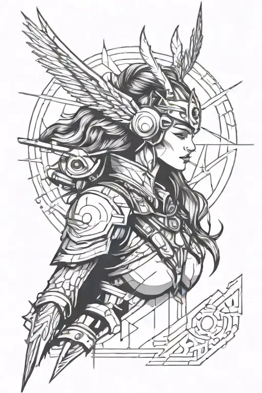 Combine elements of techno music and Norse mythology to create a futuristic Valkyrie warrior DJ tattoo design idea
