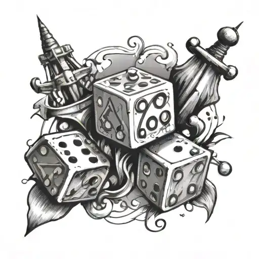 A dice tattoo with different objects on each side like a crown, anchor, and lightning bolt tattoo design idea
