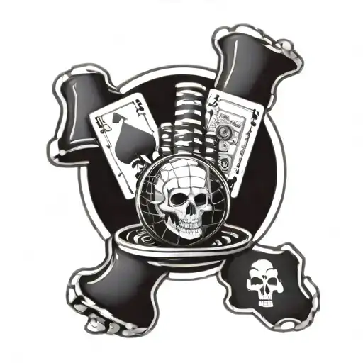 A casino chip stack with objects engraved on each chip like a globe, skull, and hourglass tattoo design idea