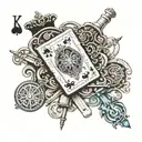 A deck of cards with each card representing a different object like a key, watch, or camera tattoo design idea