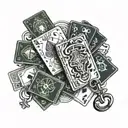 A deck of cards with each card representing a different object like a key, watch, or camera tattoo design idea