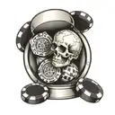 A casino chip stack with objects engraved on each chip like a globe, skull, and hourglass tattoo design idea