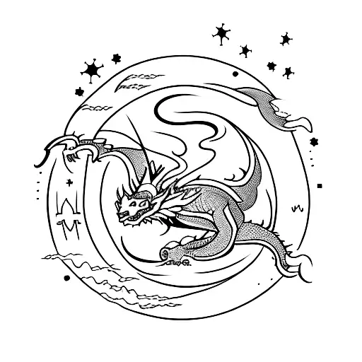 A minimalist tattoo of a dragon flying among constellations tattoo design idea