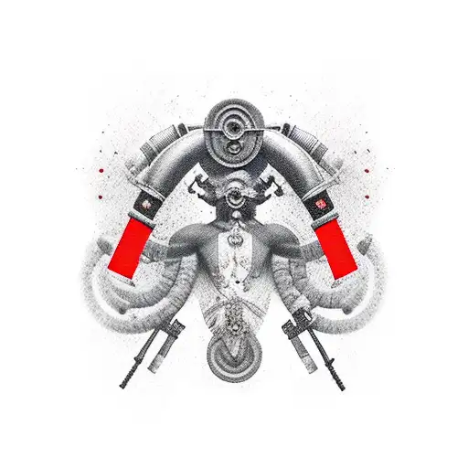 artillery, red and black pixels like in ukrainian vyshivanka tattoo design idea