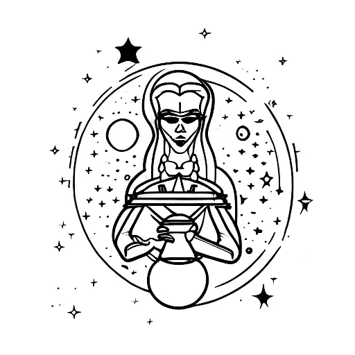 A cosmic bartender mixing psychedelic cocktails under a full moon with alien customers tattoo design idea