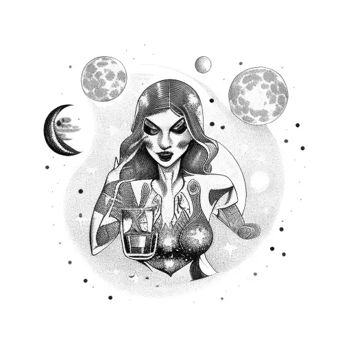 A cosmic bartender mixing psychedelic cocktails under a full moon with alien customers tattoo design idea