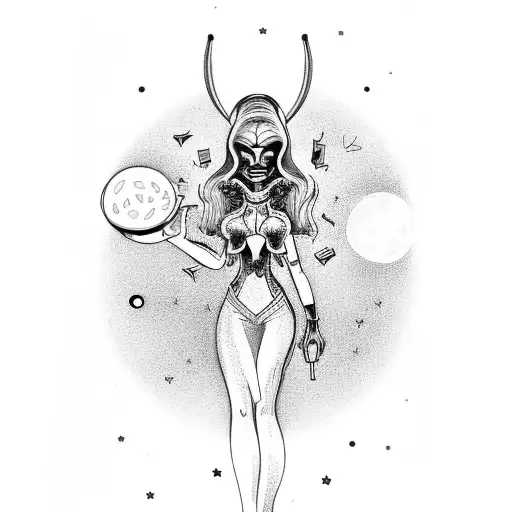 A cosmic bartender mixing psychedelic cocktails under a full moon with alien customers tattoo design idea