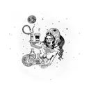 A cosmic bartender mixing psychedelic cocktails under a full moon with alien customers tattoo design idea