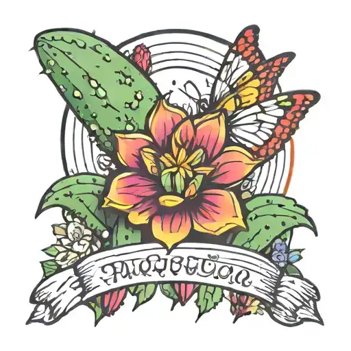 happy cactus in front of rainbow butterfly wings tattoo design idea