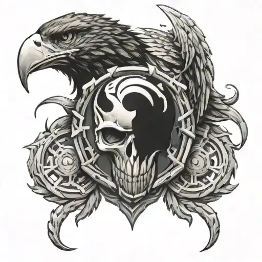 S.H.I.E.L.D. fusion logo and Hydra, symmetry, metalloid eagle on one side, sprawling skull on the other, fluid transitio tattoo design idea