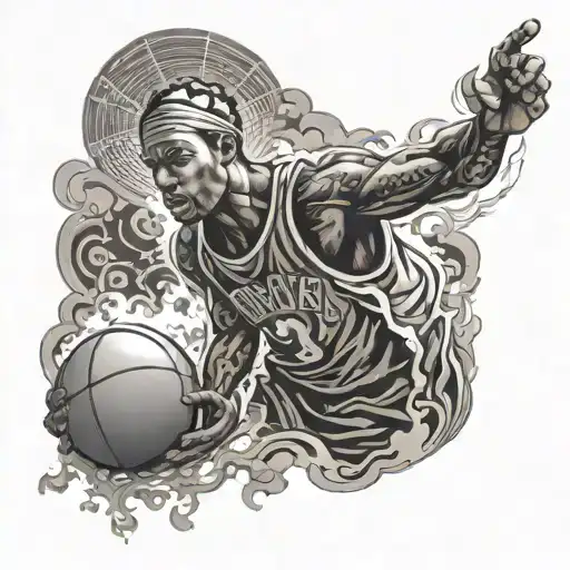 An intricate design of a basketball player in action, surrounded by heavenly clouds and rays of light, representing the connection to God and the passion for basketball tattoo design idea