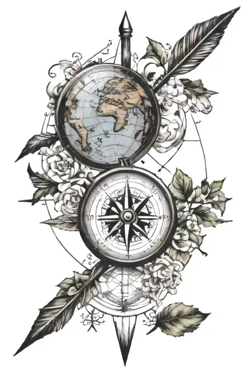 develop a tattoo in the shape of an arrow for the forearm where it is made up of a compass rose with a terrestrial globe tattoo design idea