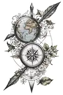 develop a tattoo in the shape of an arrow for the forearm where it is made up of a compass rose with a terrestrial globe tattoo design idea